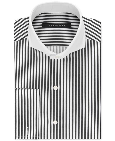 Mens Black And White Striped Dress Shirt With White Collar ~ Collar