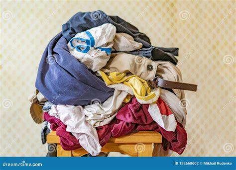 Bunch Of Dirty Clothes Pile Heap On Wooden Surface Messy Concept F
