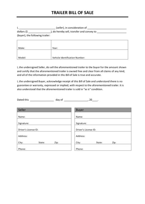 Fillable Trailer Bill Of Sale Form Printable Pdf Download