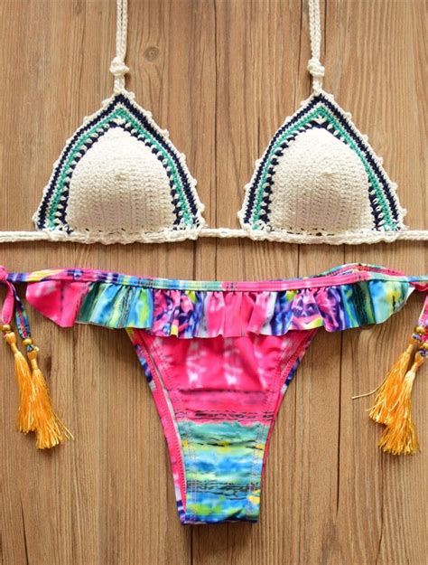Cute Tassel Tie Up Knit Brazilian Bikini Set White Top Trajes De Verano Tops Halter Trajes