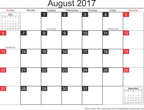 August 2017 Calendar With Holidays Printable Blank