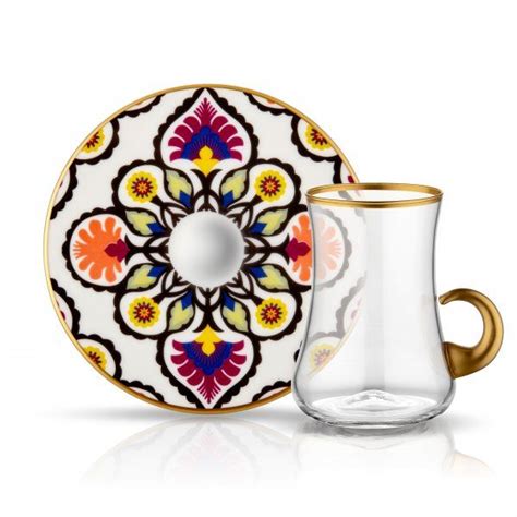 Luxurious Turkish Tea Glass Set For Six Floral