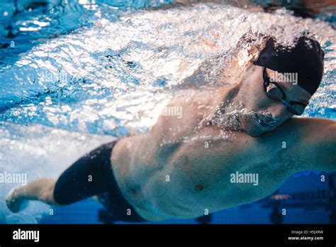 Professional Male Swimmer Inside Swimming Pool Underwater Shot Of Fit