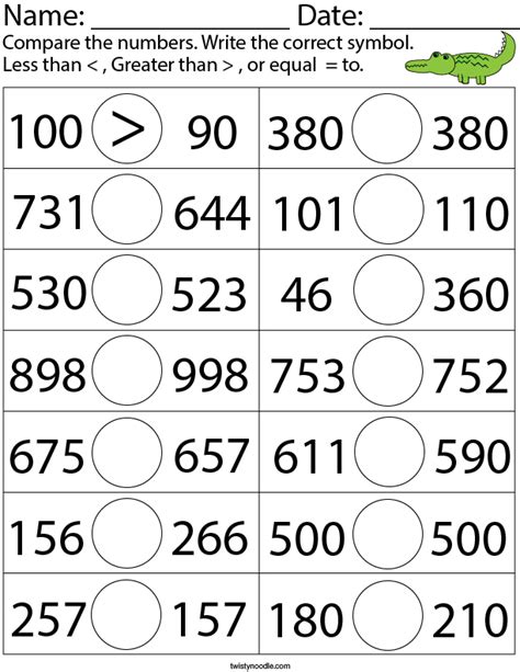 Comparing 3-digit Numbers Worksheets