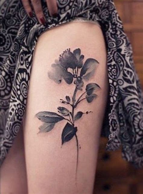 Black Grey Watercolor Flower Tattoo On Thigh For Women