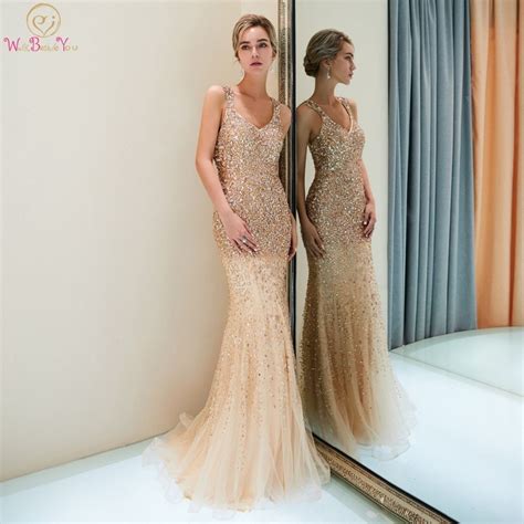 buy shiny evening dresses mermaid deep v neck champagne long beaded crystal