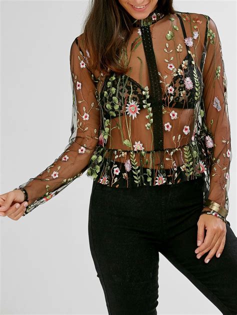 2019 Floral Embroidered Semi Sheer Peplum Blouse