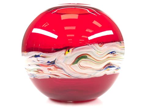 Lot Murano Art Glass Ruby Multicolor Stripe Sphere Vas