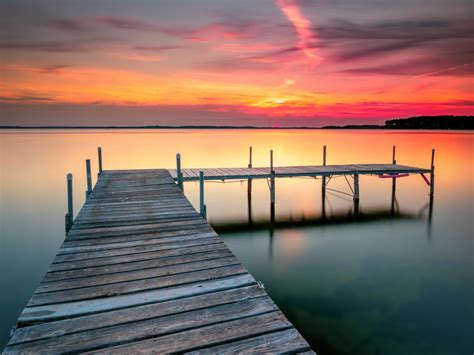 Desktop Wallpaper Wooden Pier Calm Lake Sunset Hd Image Picture