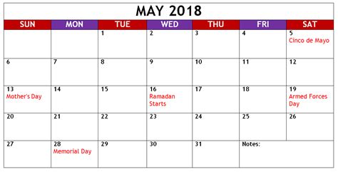 2018 May Holidays Calendar Template Holiday Calendar Calendar