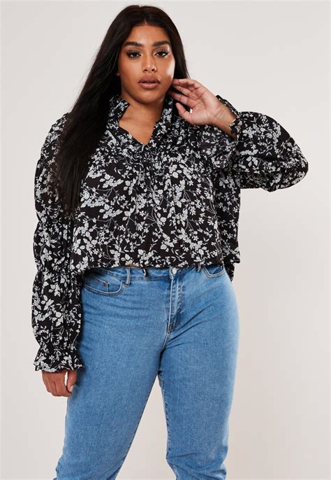 Plus Size Black Floral Shirred Blouse Missguided