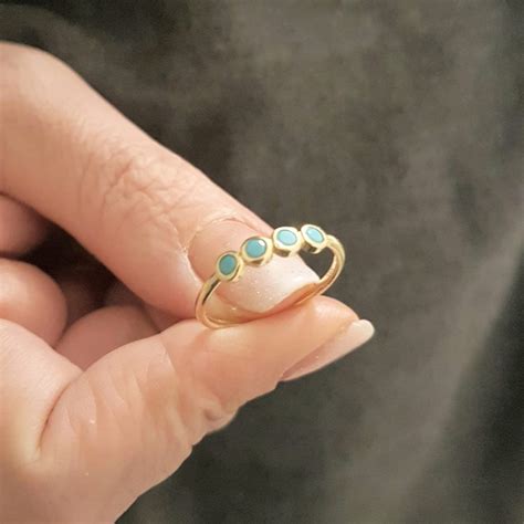 14K Real Solid Gold Four Turquoise Ring For Women December Birthstone