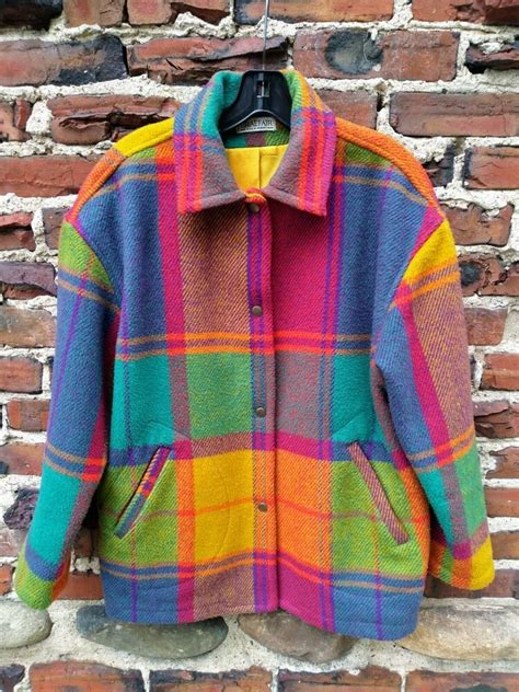 Bright Rainbow Colorblock Plaid Heavy Wool Winter Coat Jacket Vintage Multicolor Braefair