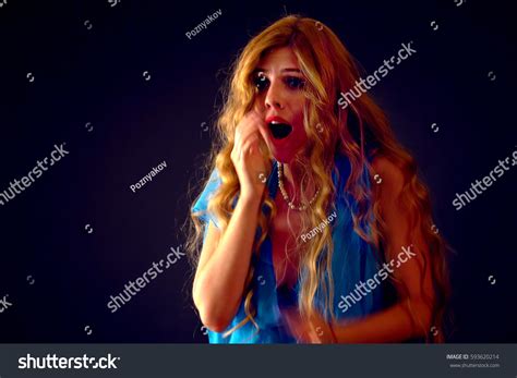 Shocked Woman Screaming Joyful Surprised Excited Stock Photo 593620214