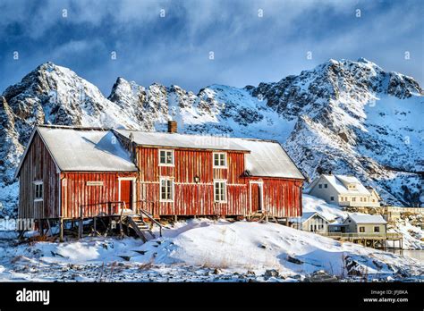 Typical Red House Of Lofoten Islands Henningsvaer Norway Europe