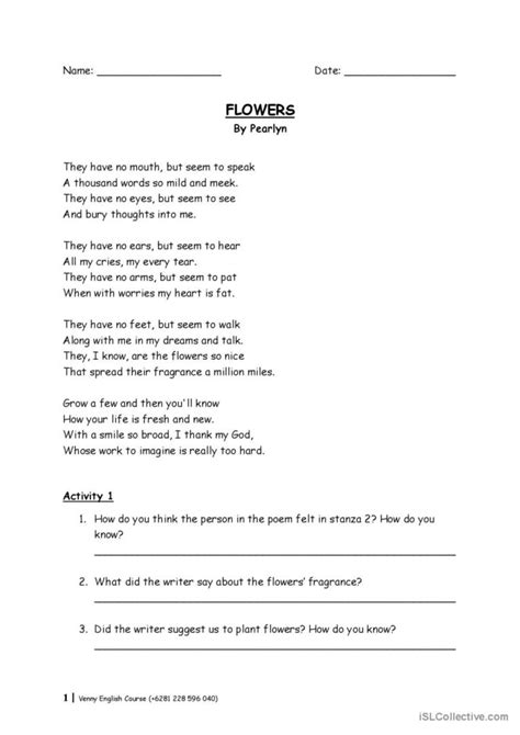 Flowers Poetry Reading Comprehensi English Esl Worksheets Pdf And Doc