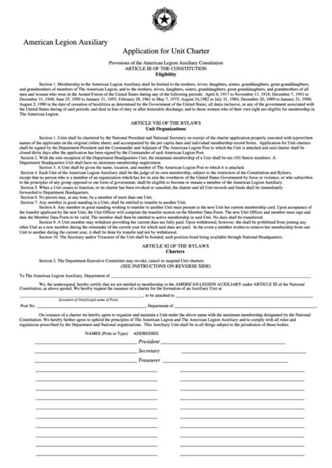 Unit Charter Application Form American Legion Auxiliary Printable Pdf