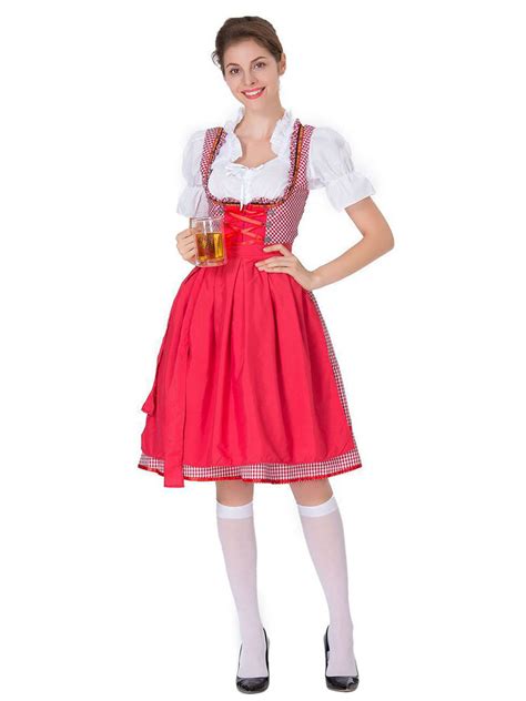 Beer Girl Costume Gingham Plaid Lace Up Bow Cotton Oktoberfest Costumes