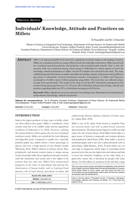 Pdf Individuals Knowledge Attitude And Practices On Millets
