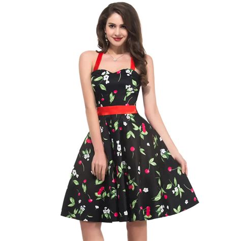Women Dress Halter Cotton 1950s Rockabilly Dress Pin Up Floral Vestidos Cherry Print Retro Swing