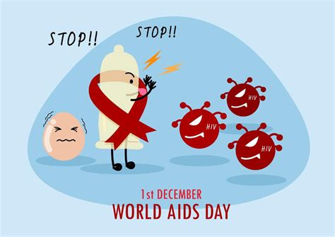 Condom In Cartoon Character With Hiv Virus And World Aids Day Poster S Campaign In Flat Style