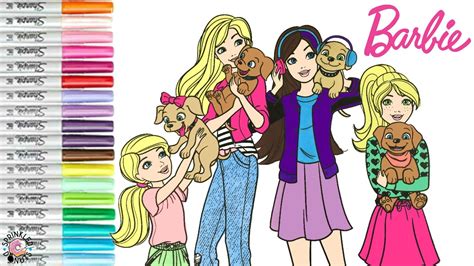 Barbie And Sisters Coloring Book Page Barbie Skipper Stacie And Chelsea With Puppies Youtube