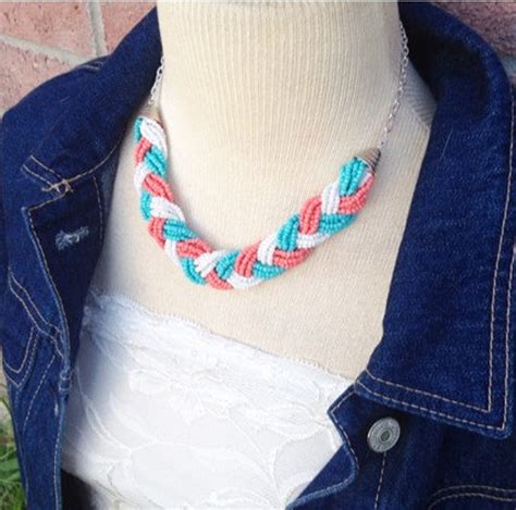 Coral Turquoise Seed Bead Braided Necklace Etsy