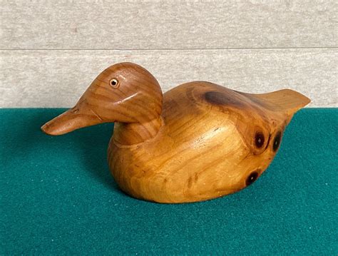 Hand Carved Wood Duck Decoy Signed By Artist Stained Wooden Duck