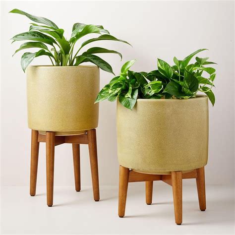 How about paying over $150 for a reproduction bullet planter? Mid-Century Turned Leg Standing Planters - Crackle | west ...
