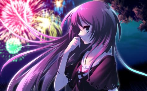 Wallpaper Illustration Night Anime Brunette Fireworks Girl