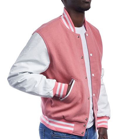 Varsity Base Men Jacket Pink Wool Body Bright White Leather Sleeves Letterman Jacket