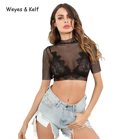 Weyes And Kelf Summer Style Sexy Black Mesh Crop Top Girls Short Sleeve