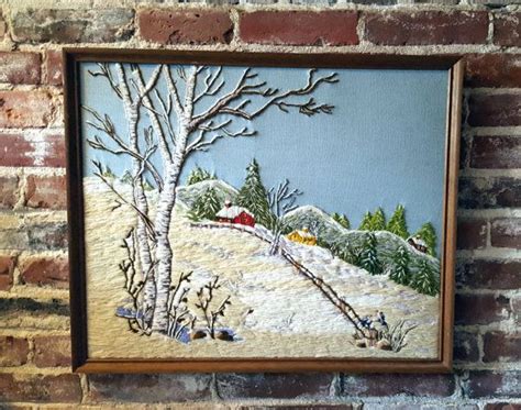 Vintage Winter Scene Crewel Embroidery Framed Snowy Landscape White
