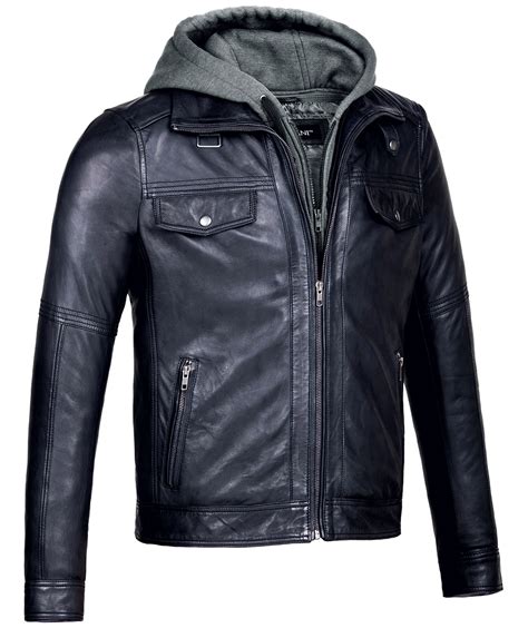 Mens Hooded Leather Bomber Jacket Coat Nj