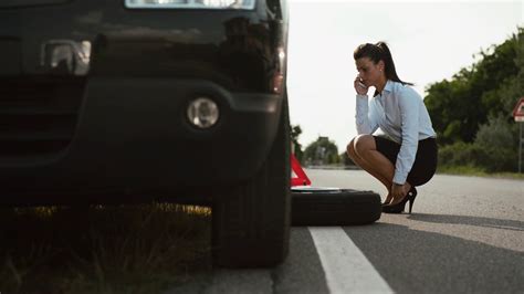 Women Emergency And Driving Problems Frustrated Girl With Flat Car