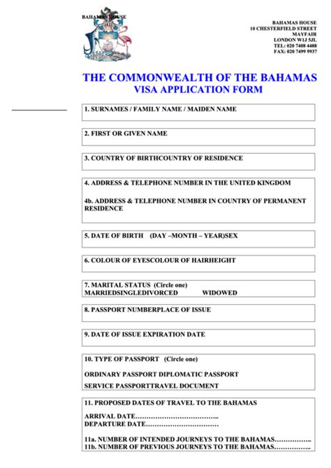 Fillable The Commonwealth Of The Bahamas Visa Application Form