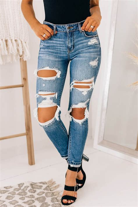 Wholesale Push It Production Cheap Light Blue Washed Skinny Ripped