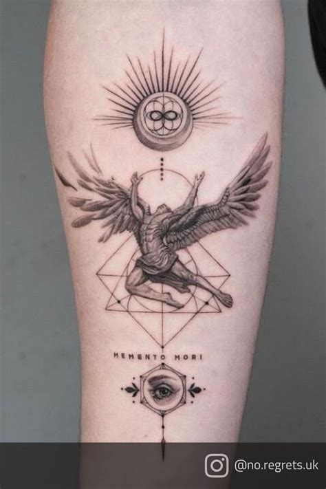 Image Is Of A Fineline Icarus Tattoo With Memento Mori Wording And