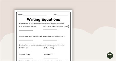 Writing Equations Worksheet Teach Starter