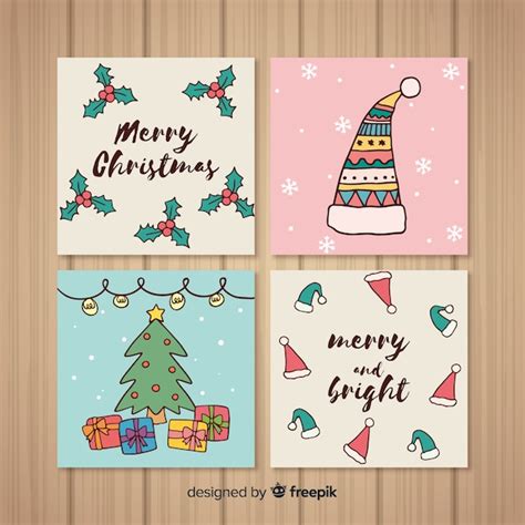 Colección Adorable De Tarjetas De Navidad Dibujadas A Mano Vector Gratis