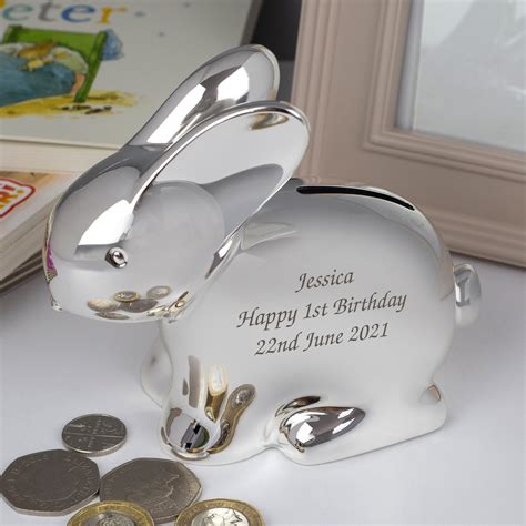 Personalised Silver Rabbit Piggy Money Box For Boys Etsy