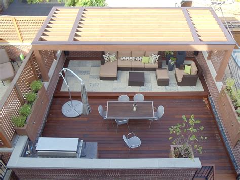This Contemporary Garage Roof Deck Features A Sleak Cedar Pergola With Aluminum Flashing And
