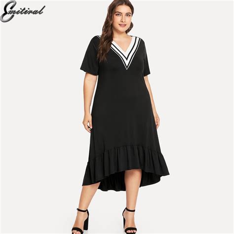 2019 Summer Plus Size 4xl Casual Loose Black Women Dresses Sexy V Neck