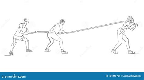 Continuous One Line One Woman Pulls Two Men In Tug Of War Feminism Vector Stock Illustration