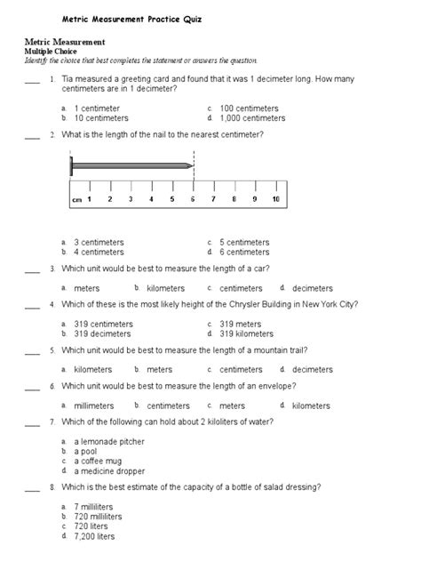 Metric Measurement Practice Quiz Measurement Scientific Method