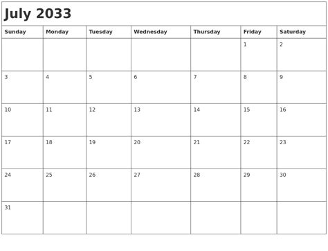 July 2033 Month Calendar