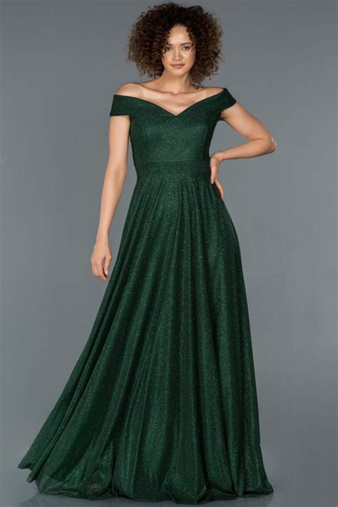 Abiyefon Zümrüt Yeşili Uzun Kayık Yaka Simli Abiye Elbise | ElbiseBul