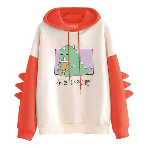 Womens Cute Dinosaur Hoodie Patchwork Pullover Hooded Tops Sweatshirt