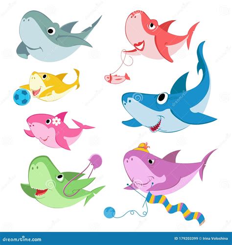 Conjunto De La Familia De Tiburones Lindos Estilo Caricatura