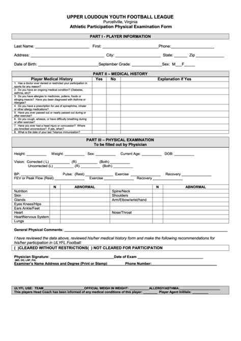 Athletic Participation Physical Examination Form Printable Pdf Download
